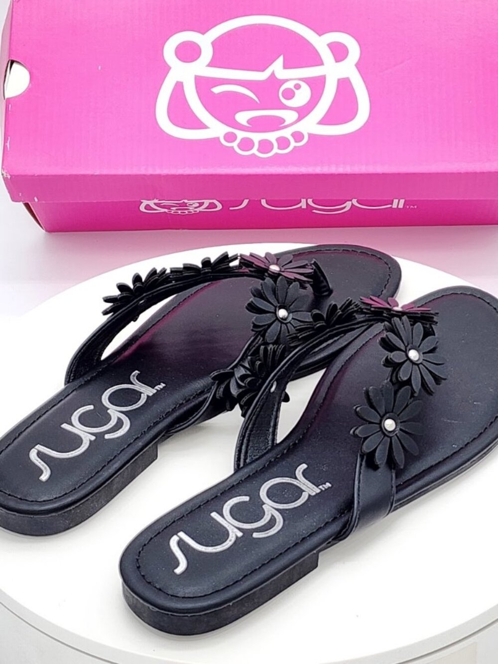 Sugar Finnesse Black Daisy Embellished Thong Flat Sandals Women’s Size 9.5 - Picture 3 of 8